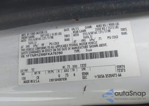 2015 Ford Transit-250 from USA, damaged, VIN 1FTNR1ZM6FKA76780